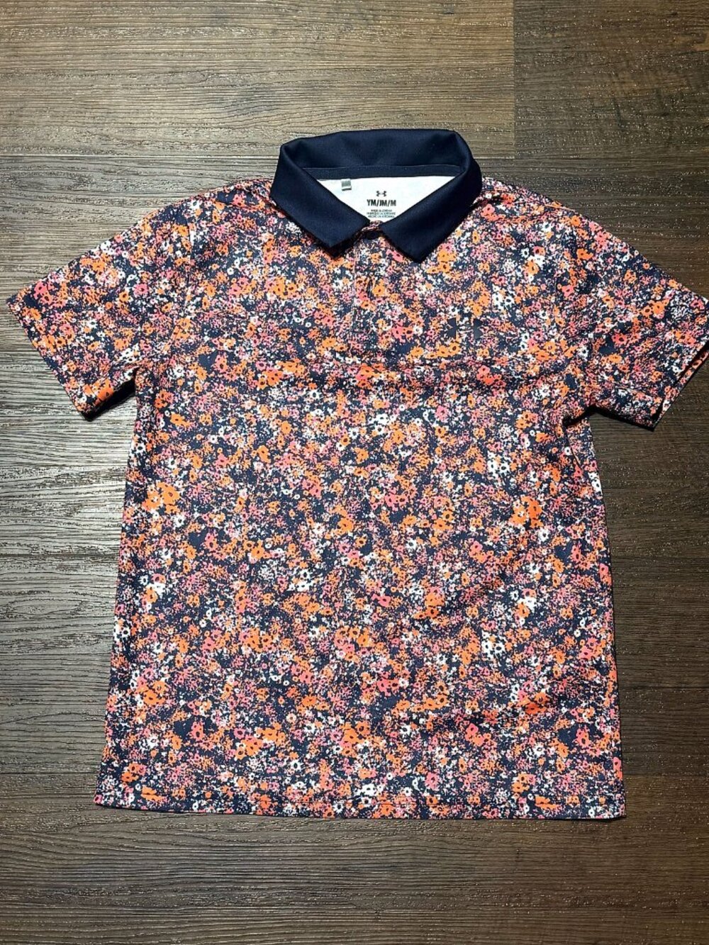 Under Armour Boys Youth M 10-12 Golf Polo Navy Orange Floral Print Like New
